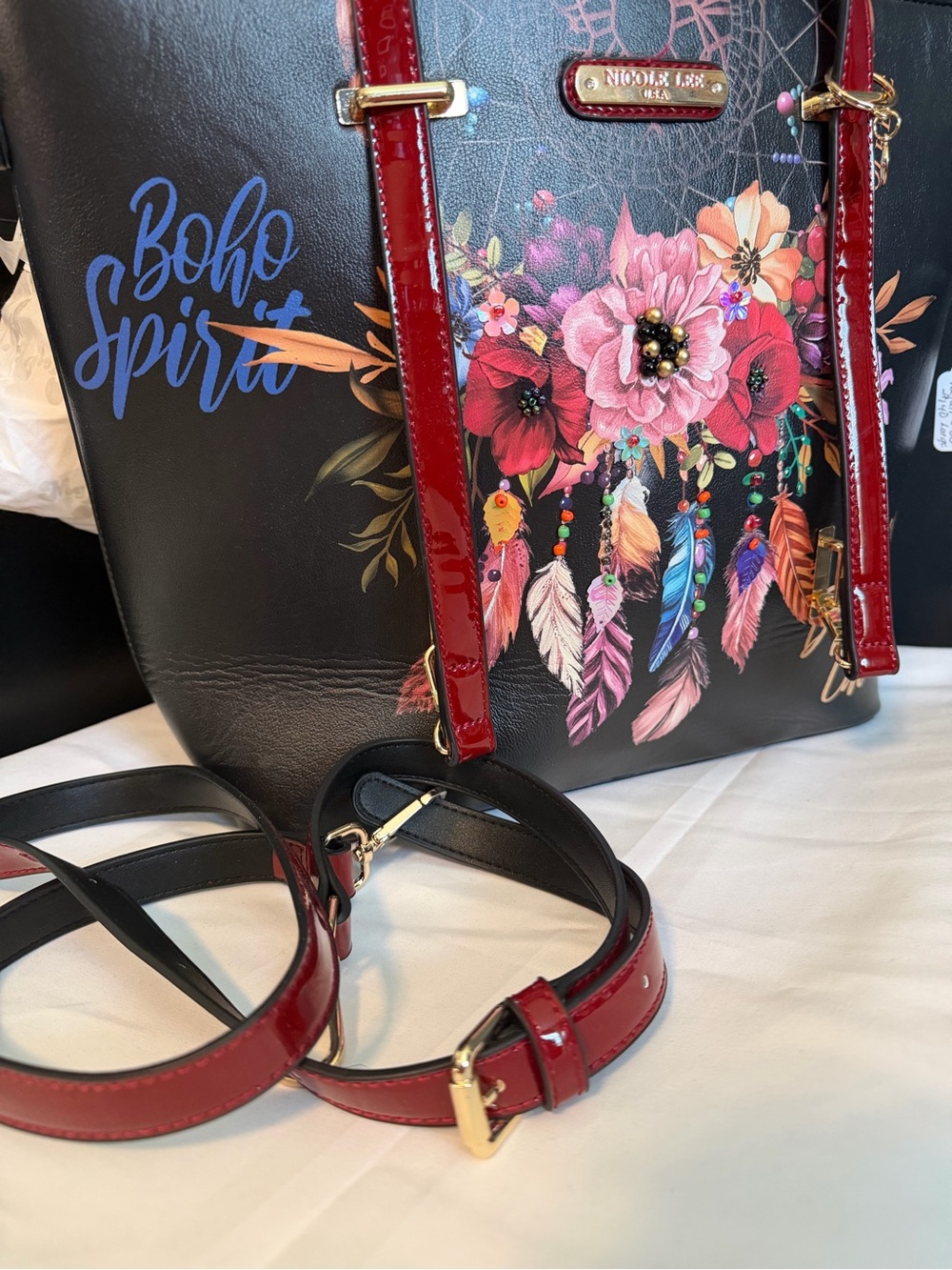 Nicole Lee Black Tote with Red Patent Handles and BOHO Floral Dreamcatcher. NEW - Picture 9 of 12